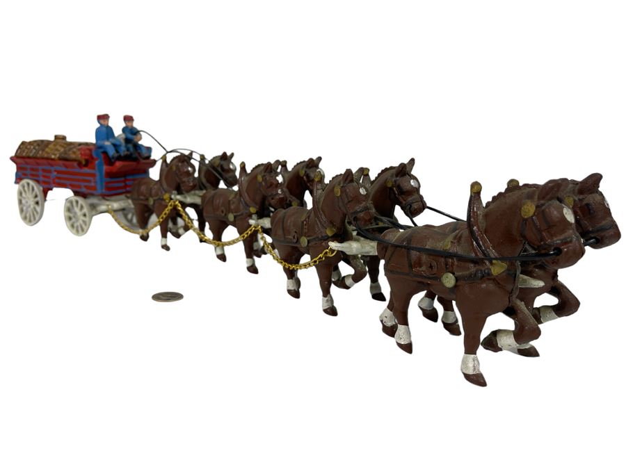 Reproduction Cast Iron Horse Drawn Beer Cart With Drivers And Dog 30L