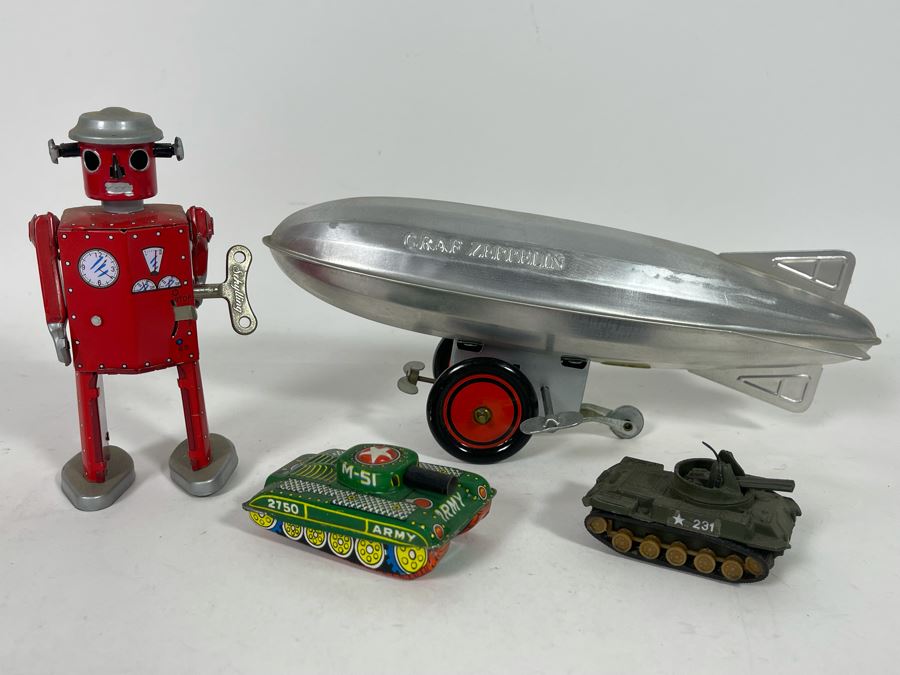 Various Toys Including Wind-Up Schylling Robot, Tanks And Graf Zepplin [Photo 2]