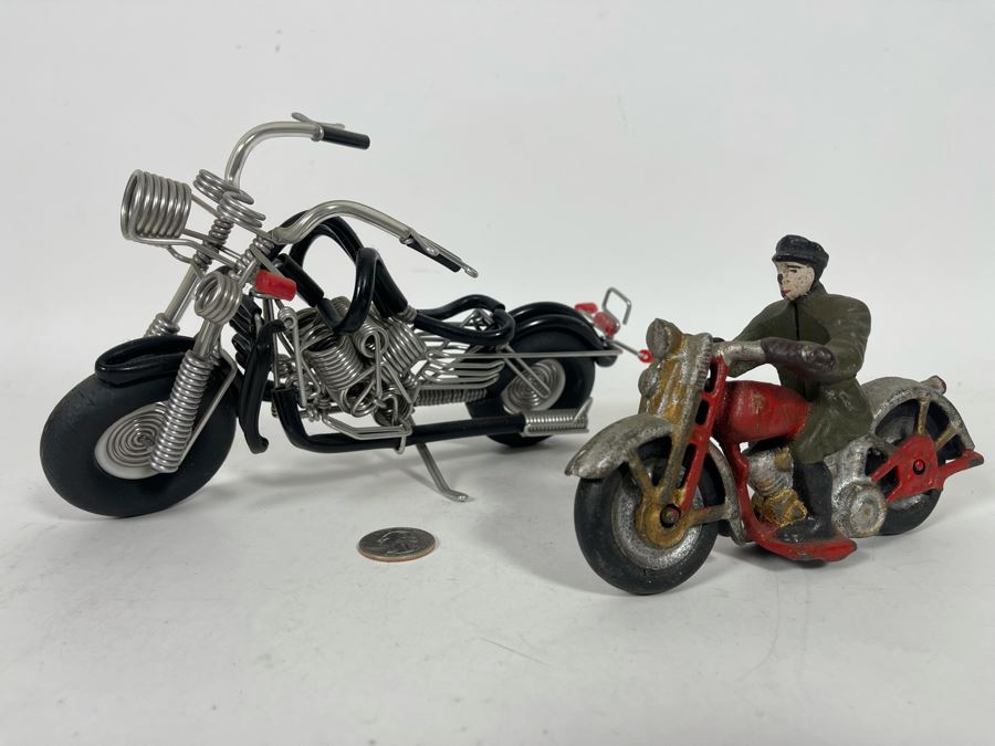 Reproduction Cast Iron Motorcycle And Bent Wire Motorcycle