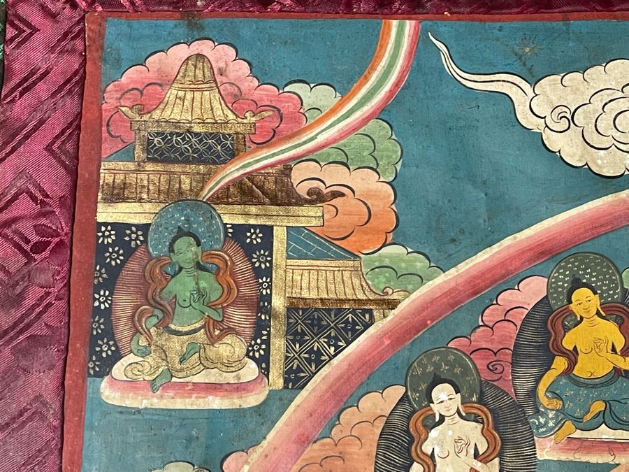 Antique Original Tibetan Thangka Painting With Silk Brocade 30 X 45.5 Nicely Framed - See Photos For Details (Back Of Thangka Contains Chinese Writing) [Photo 12]