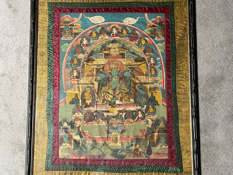 Antique Original Tibetan Thangka Painting With Silk Brocade 30 X 45.5 Nicely Framed - See Photos For Details (Back Of Thangka Contains Chinese Writing) [Photo 6]