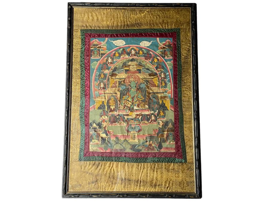 Antique Original Tibetan Thangka Painting With Silk Brocade 30 X 45.5 Nicely Framed - See Photos For Details (Back Of Thangka Contains Chinese Writing)