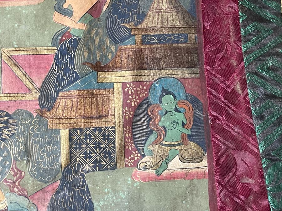 Antique Original Tibetan Thangka Painting With Silk Brocade 30 X 45.5 Nicely Framed - See Photos For Details (Back Of Thangka Contains Chinese Writing) [Photo 10]