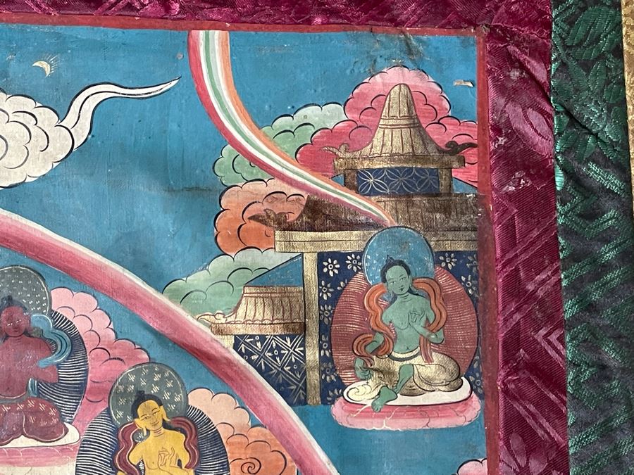 Antique Original Tibetan Thangka Painting With Silk Brocade 30 X 45.5 Nicely Framed - See Photos For Details (Back Of Thangka Contains Chinese Writing) [Photo 11]