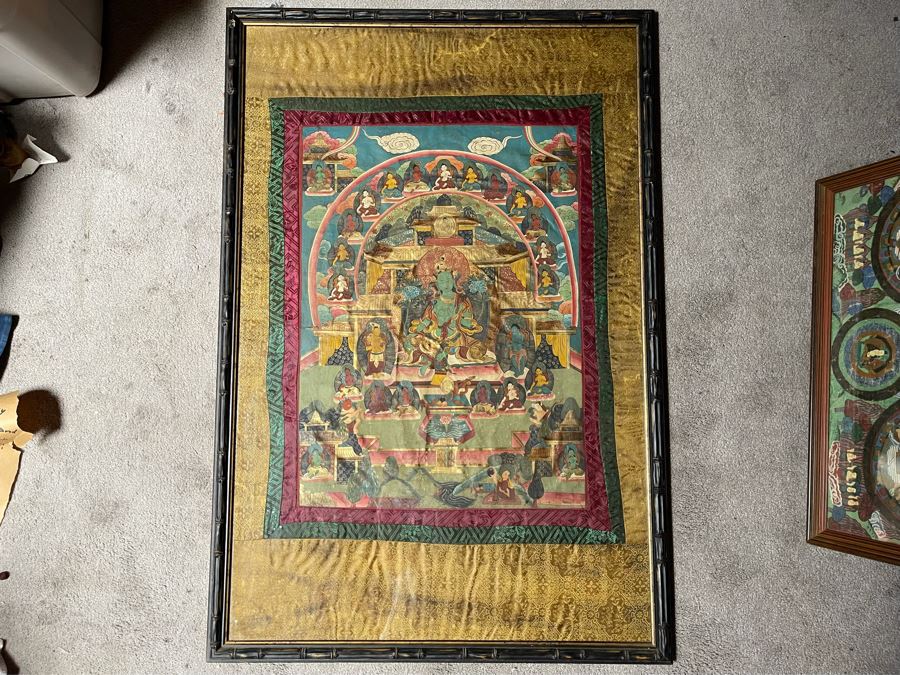 Antique Original Tibetan Thangka Painting With Silk Brocade 30 X 45.5 Nicely Framed - See Photos For Details (Back Of Thangka Contains Chinese Writing) [Photo 5]