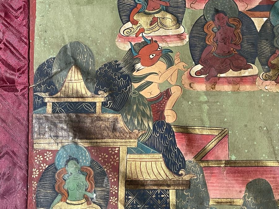 Antique Original Tibetan Thangka Painting With Silk Brocade 30 X 45.5 Nicely Framed - See Photos For Details (Back Of Thangka Contains Chinese Writing) [Photo 8]