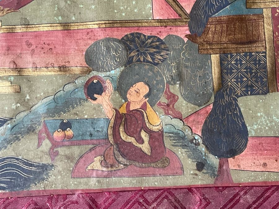 Antique Original Tibetan Thangka Painting With Silk Brocade 30 X 45.5 Nicely Framed - See Photos For Details (Back Of Thangka Contains Chinese Writing) [Photo 9]