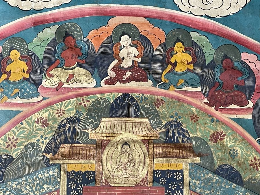 Antique Original Tibetan Thangka Painting With Silk Brocade 30 X 45.5 Nicely Framed - See Photos For Details (Back Of Thangka Contains Chinese Writing) [Photo 3]