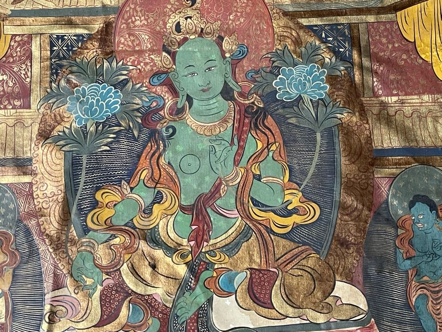 Antique Original Tibetan Thangka Painting With Silk Brocade 30 X 45.5 Nicely Framed - See Photos For Details (Back Of Thangka Contains Chinese Writing) [Photo 7]