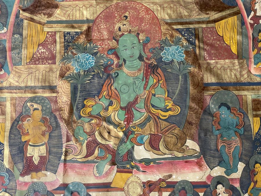 Antique Original Tibetan Thangka Painting With Silk Brocade 30 X 45.5 Nicely Framed - See Photos For Details (Back Of Thangka Contains Chinese Writing) [Photo 2]