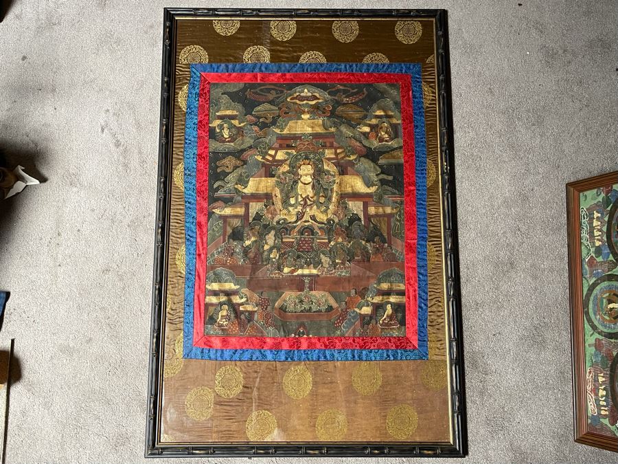 Antique Original Tibetan Thangka Painting With Silk Brocade 29 X 45.5 Nicely Framed - See Photos For Details [Photo 3]