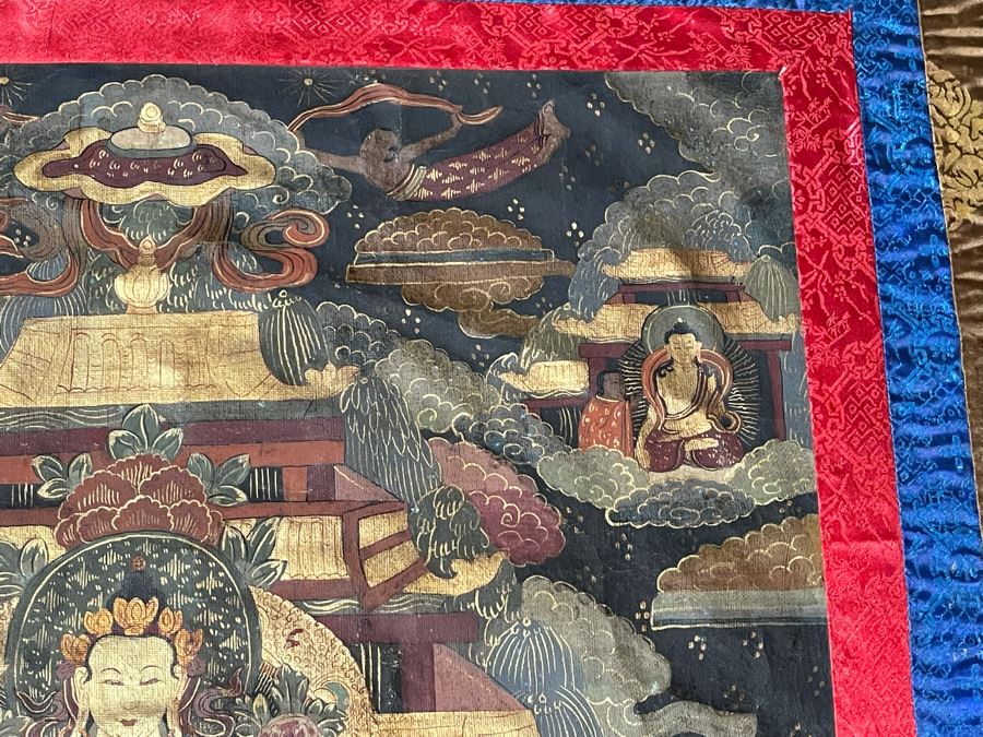 Antique Original Tibetan Thangka Painting With Silk Brocade 29 X 45.5 Nicely Framed - See Photos For Details [Photo 8]
