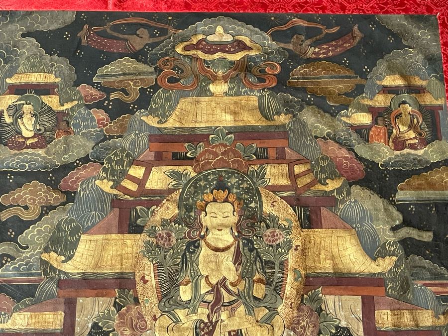 Antique Original Tibetan Thangka Painting With Silk Brocade 29 X 45.5 Nicely Framed - See Photos For Details [Photo 17]