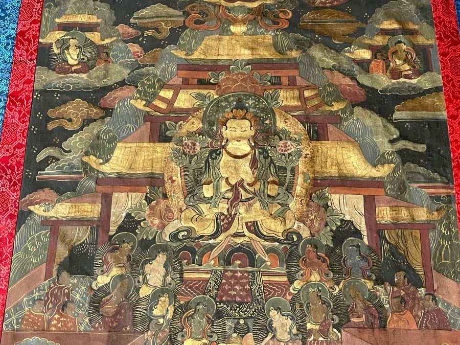 Antique Original Tibetan Thangka Painting With Silk Brocade 29 X 45.5 Nicely Framed - See Photos For Details [Photo 19]