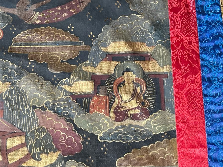 Antique Original Tibetan Thangka Painting With Silk Brocade 29 X 45.5 Nicely Framed - See Photos For Details [Photo 9]