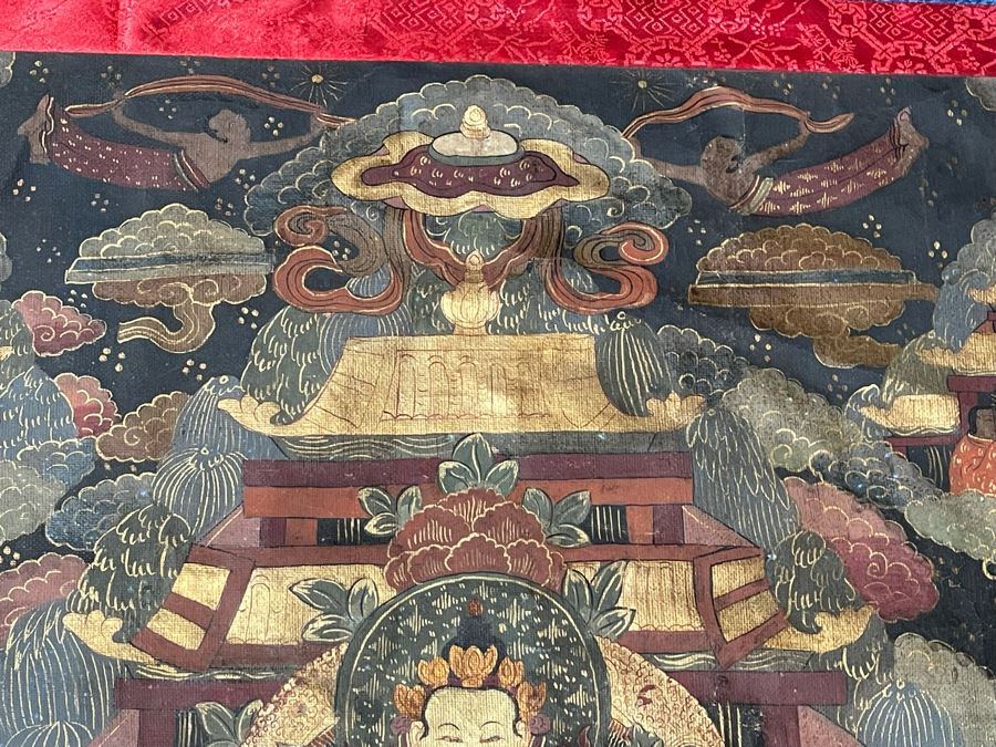Antique Original Tibetan Thangka Painting With Silk Brocade 29 X 45.5 Nicely Framed - See Photos For Details [Photo 7]
