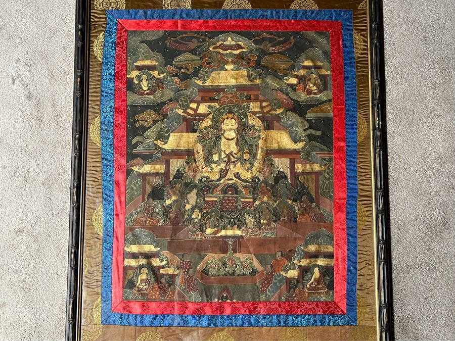 Antique Original Tibetan Thangka Painting With Silk Brocade 29 X 45.5 Nicely Framed - See Photos For Details [Photo 4]