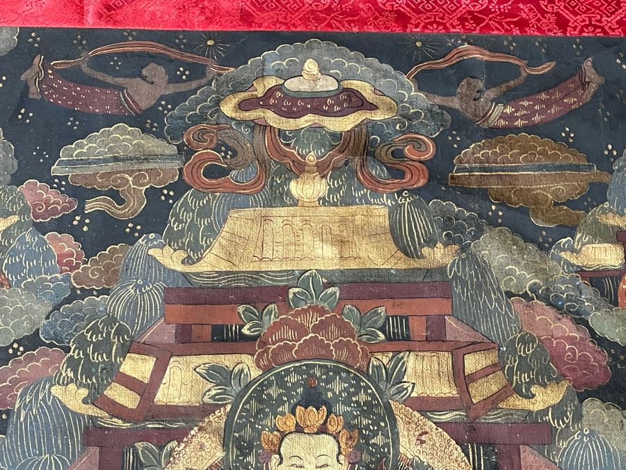 Antique Original Tibetan Thangka Painting With Silk Brocade 29 X 45.5 Nicely Framed - See Photos For Details [Photo 16]