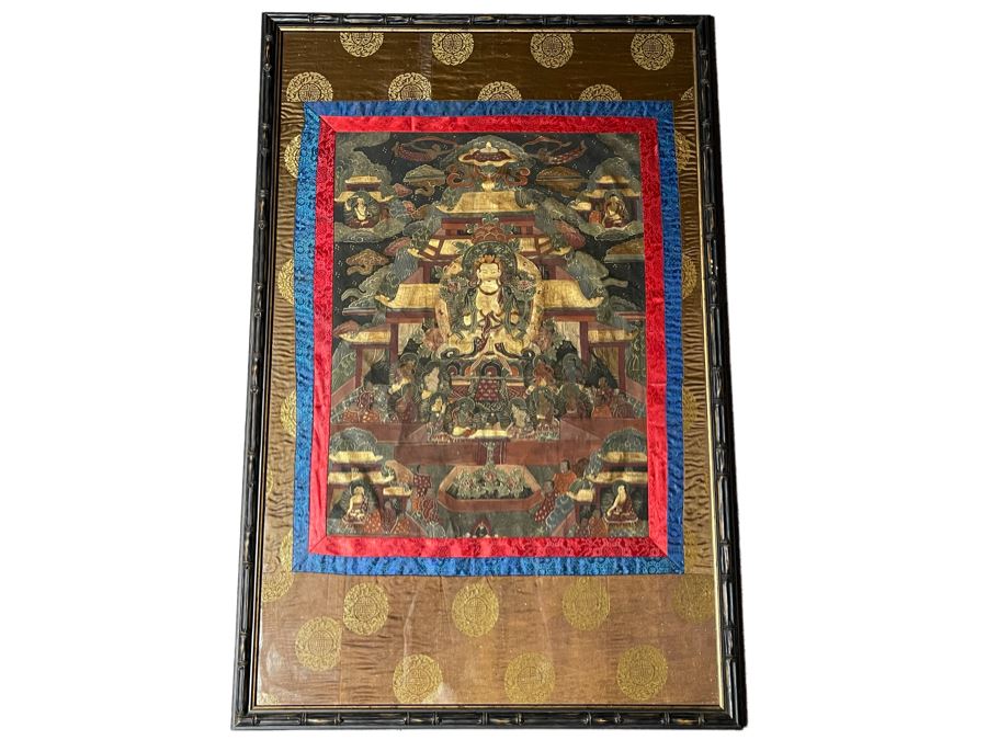 Antique Original Tibetan Thangka Painting With Silk Brocade 29 X 45.5 Nicely Framed - See Photos For Details