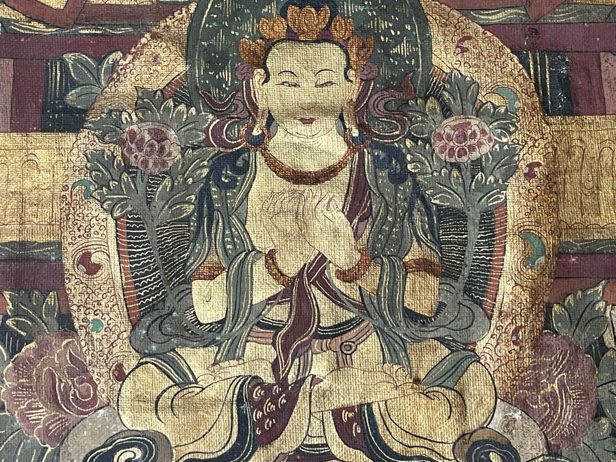 Antique Original Tibetan Thangka Painting With Silk Brocade 29 X 45.5 Nicely Framed - See Photos For Details [Photo 15]