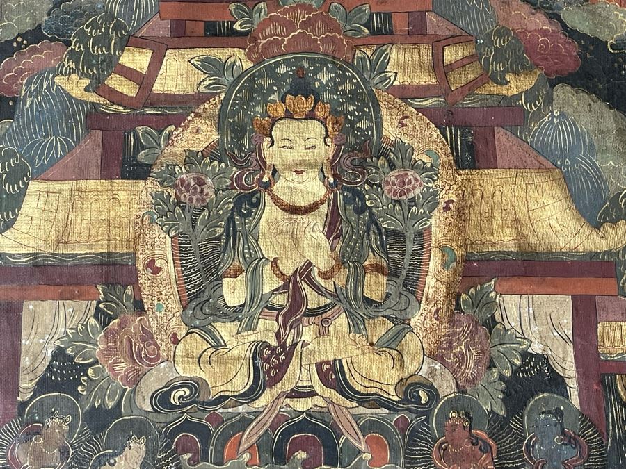 Antique Original Tibetan Thangka Painting With Silk Brocade 29 X 45.5 Nicely Framed - See Photos For Details [Photo 6]