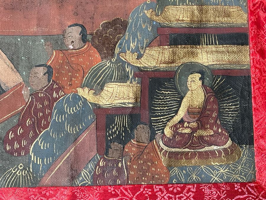 Antique Original Tibetan Thangka Painting With Silk Brocade 29 X 45.5 Nicely Framed - See Photos For Details [Photo 14]