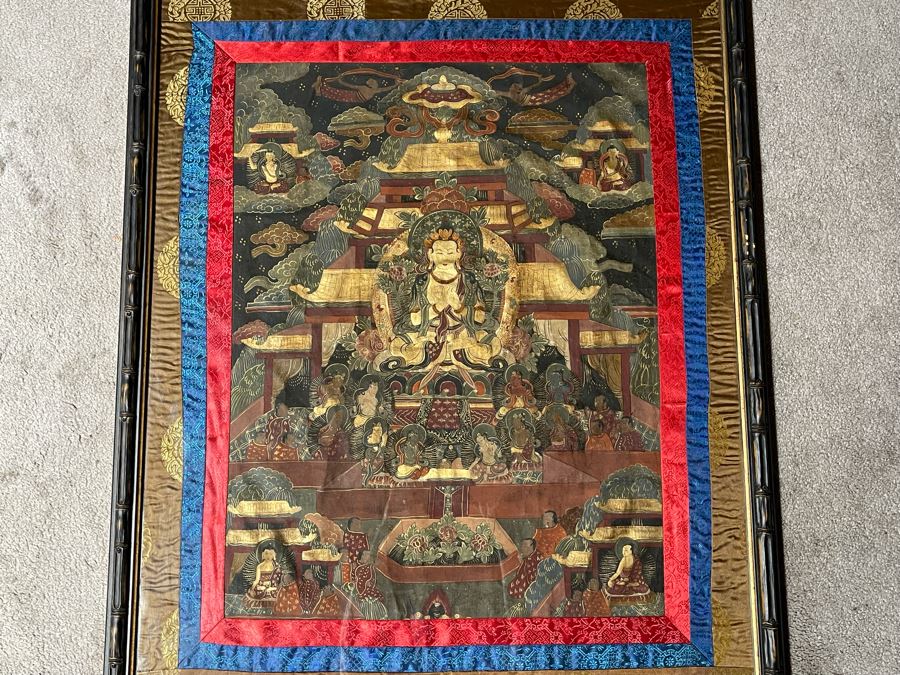 Antique Original Tibetan Thangka Painting With Silk Brocade 29 X 45.5 Nicely Framed - See Photos For Details [Photo 5]