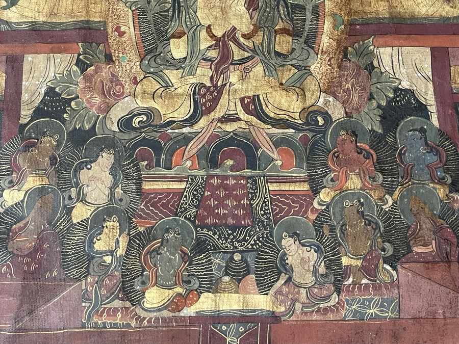 Antique Original Tibetan Thangka Painting With Silk Brocade 29 X 45.5 Nicely Framed - See Photos For Details [Photo 11]