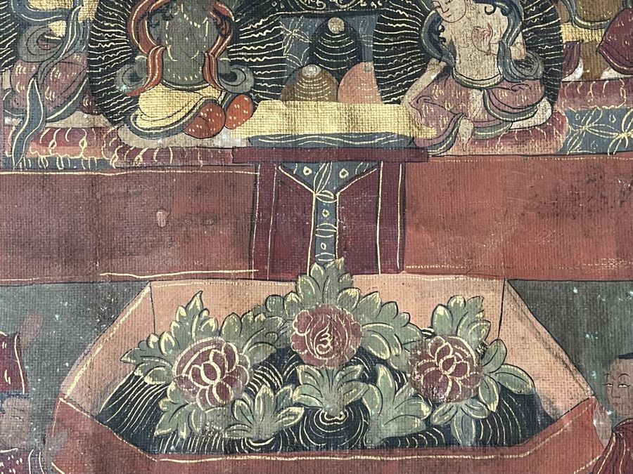 Antique Original Tibetan Thangka Painting With Silk Brocade 29 X 45.5 Nicely Framed - See Photos For Details [Photo 12]