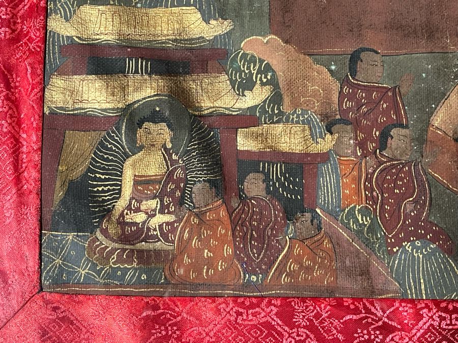 Antique Original Tibetan Thangka Painting With Silk Brocade 29 X 45.5 Nicely Framed - See Photos For Details [Photo 13]