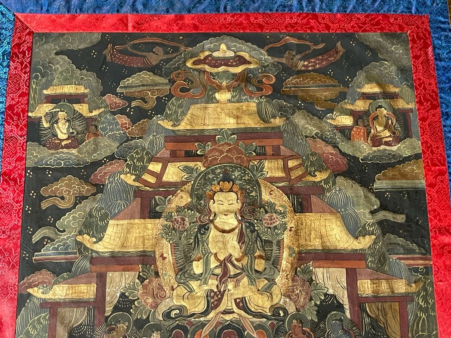 Antique Original Tibetan Thangka Painting With Silk Brocade 29 X 45.5 Nicely Framed - See Photos For Details [Photo 18]