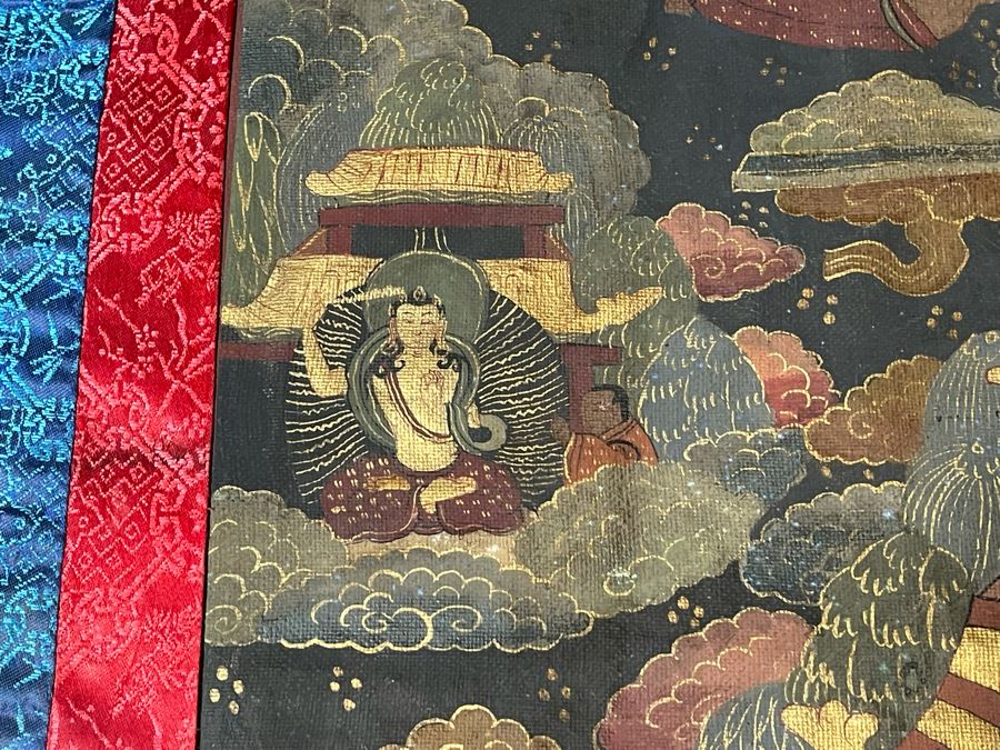 Antique Original Tibetan Thangka Painting With Silk Brocade 29 X 45.5 Nicely Framed - See Photos For Details [Photo 10]
