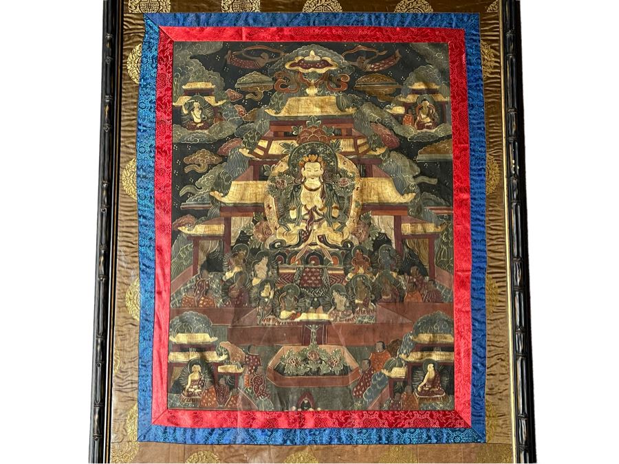 Antique Original Tibetan Thangka Painting With Silk Brocade 29 X 45.5 Nicely Framed - See Photos For Details [Photo 2]