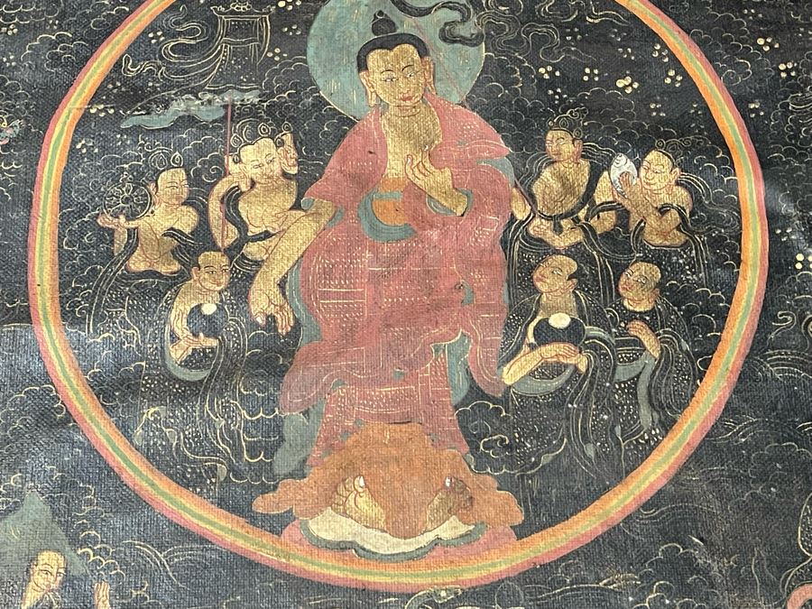 Antique Original Tibetan Thangka Painting With Silk Brocade 31 X 40.5 Nicely Framed - See Photos For Details	 [Photo 7]