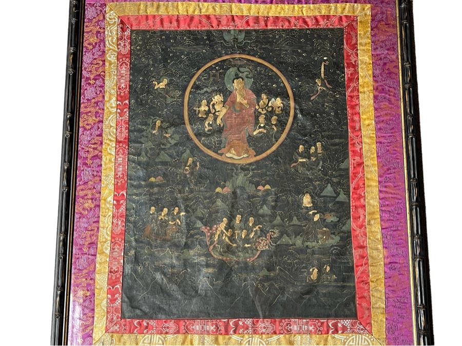 Antique Original Tibetan Thangka Painting With Silk Brocade 31 X 40.5 Nicely Framed - See Photos For Details	 [Photo 3]
