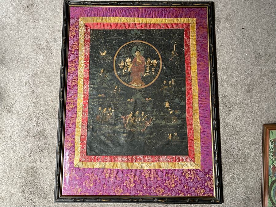 Antique Original Tibetan Thangka Painting With Silk Brocade 31 X 40.5 Nicely Framed - See Photos For Details	 [Photo 4]