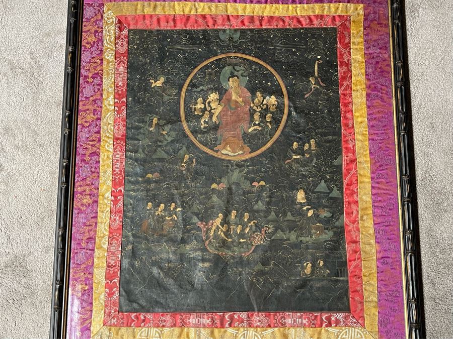 Antique Original Tibetan Thangka Painting With Silk Brocade 31 X 40.5 Nicely Framed - See Photos For Details	 [Photo 5]