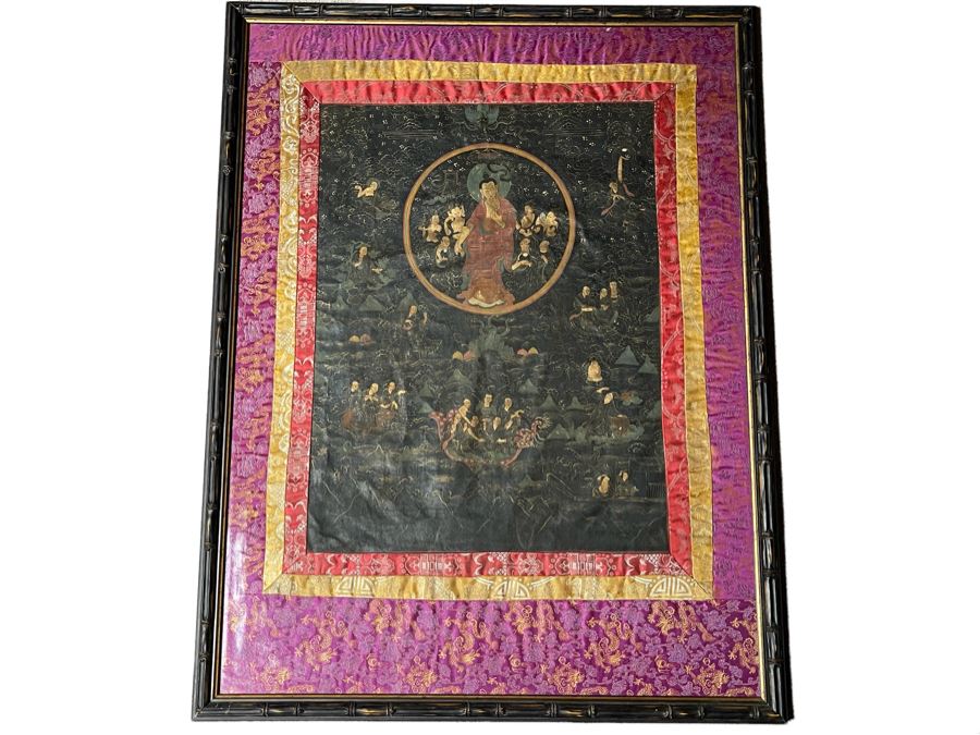Antique Original Tibetan Thangka Painting With Silk Brocade 31 X 40.5 Nicely Framed - See Photos For Details	