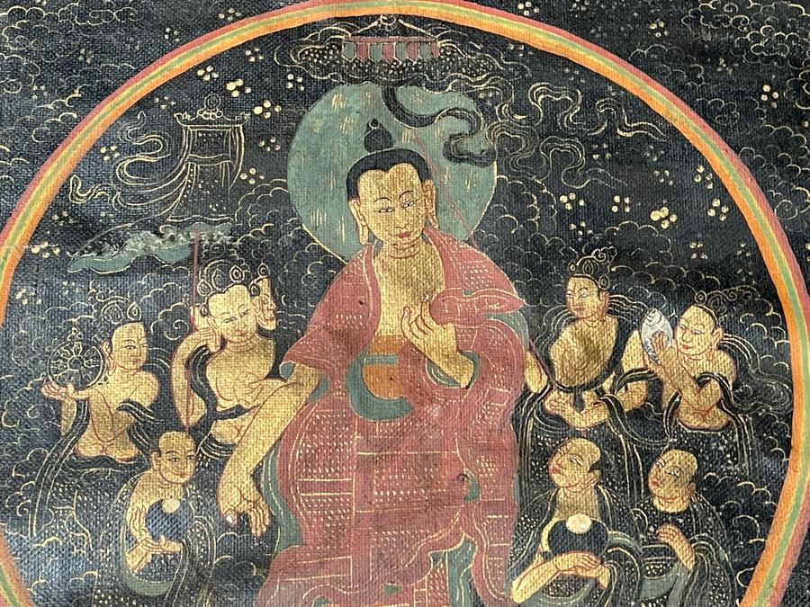 Antique Original Tibetan Thangka Painting With Silk Brocade 31 X 40.5 Nicely Framed - See Photos For Details	 [Photo 6]