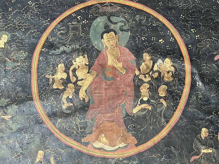 Antique Original Tibetan Thangka Painting With Silk Brocade 31 X 40.5 Nicely Framed - See Photos For Details	 [Photo 2]