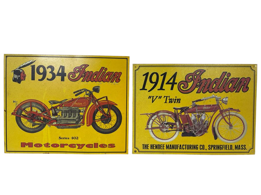 Pair Of Reproduction Indian Motorcycle Metal Signs Apx 16 X 12 