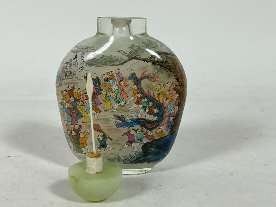 Chinese Reverse Painted Snuff Bottle With Jade Top 2.5W X 3.5H [Photo 17]