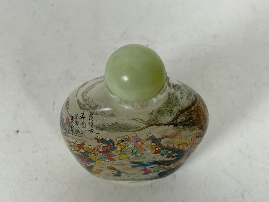 Chinese Reverse Painted Snuff Bottle With Jade Top 2.5W X 3.5H [Photo 16]