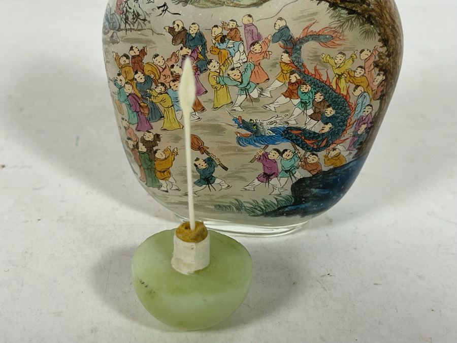 Chinese Reverse Painted Snuff Bottle With Jade Top 2.5W X 3.5H [Photo 18]