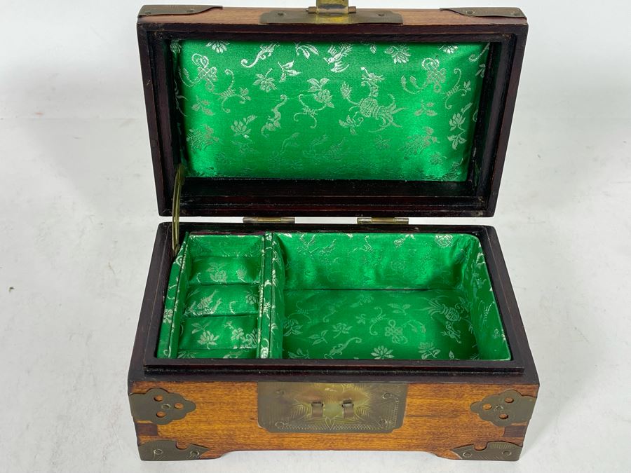 Vintage Chinese Wooden Jewelry Box With Carved Jade Top And Brass Accents From Shanghai 6.5W X 4D X 3H [Photo 2]