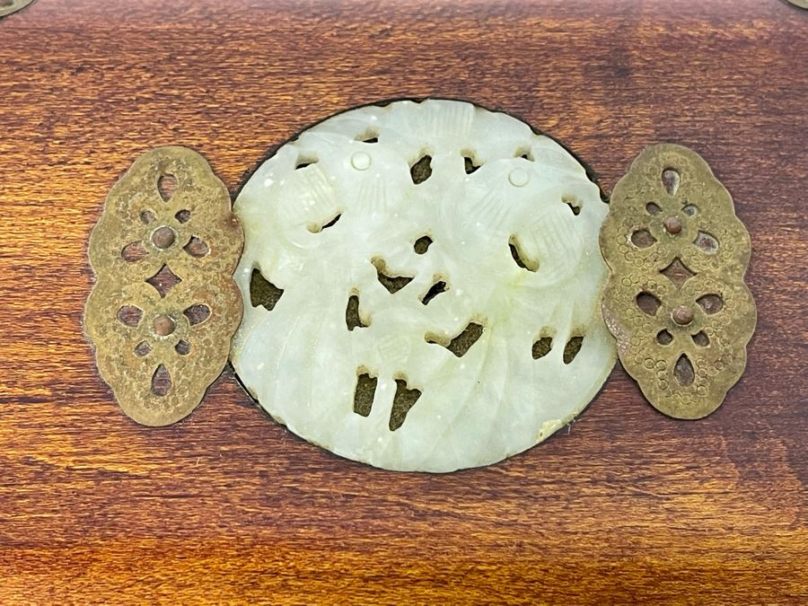 Vintage Chinese Wooden Jewelry Box With Carved Jade Top And Brass Accents From Shanghai 6.5W X 4D X 3H [Photo 3]
