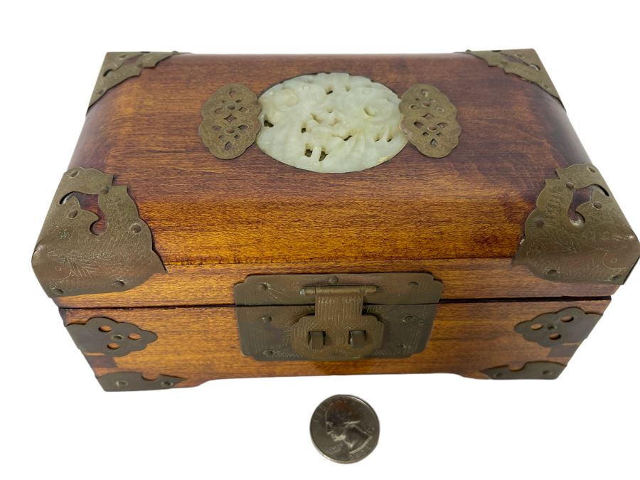Vintage Chinese Wooden Jewelry Box With Carved Jade Top And Brass Accents From Shanghai 6.5W X 4D X 3H [Photo 1]
