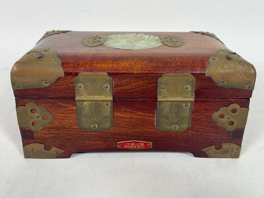 Vintage Chinese Wooden Jewelry Box With Carved Jade Top And Brass Accents From Shanghai 6.5W X 4D X 3H [Photo 10]
