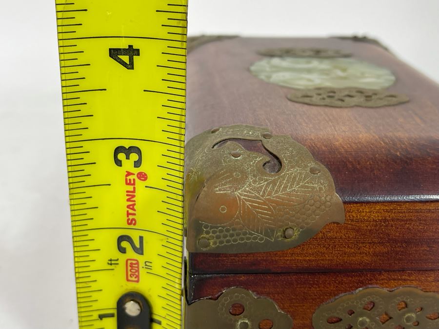 Vintage Chinese Wooden Jewelry Box With Carved Jade Top And Brass Accents From Shanghai 6.5W X 4D X 3H [Photo 16]