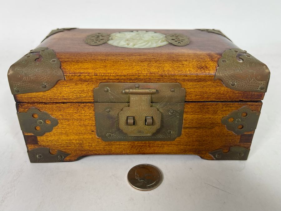 Vintage Chinese Wooden Jewelry Box With Carved Jade Top And Brass Accents From Shanghai 6.5W X 4D X 3H [Photo 6]